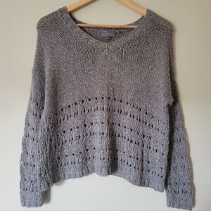Vince Women's Grey Crochet Knit Boxy V-Neck Slouchy Sweater Size Small